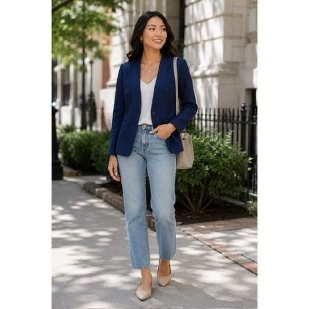 Willowridge Vintage Navy Blue Collarless Single Button Blazer Jacket Womens